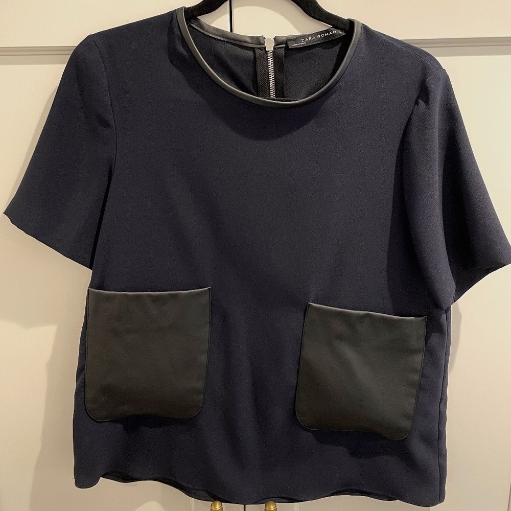 Zara Women Navy/Black faux leather blouse